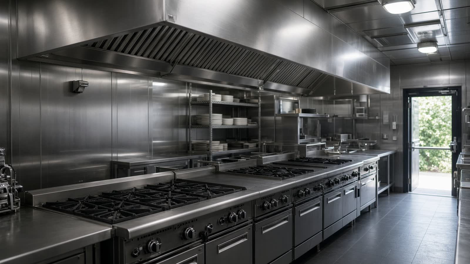 Commercial kitchen exhaust hood over a cooking line