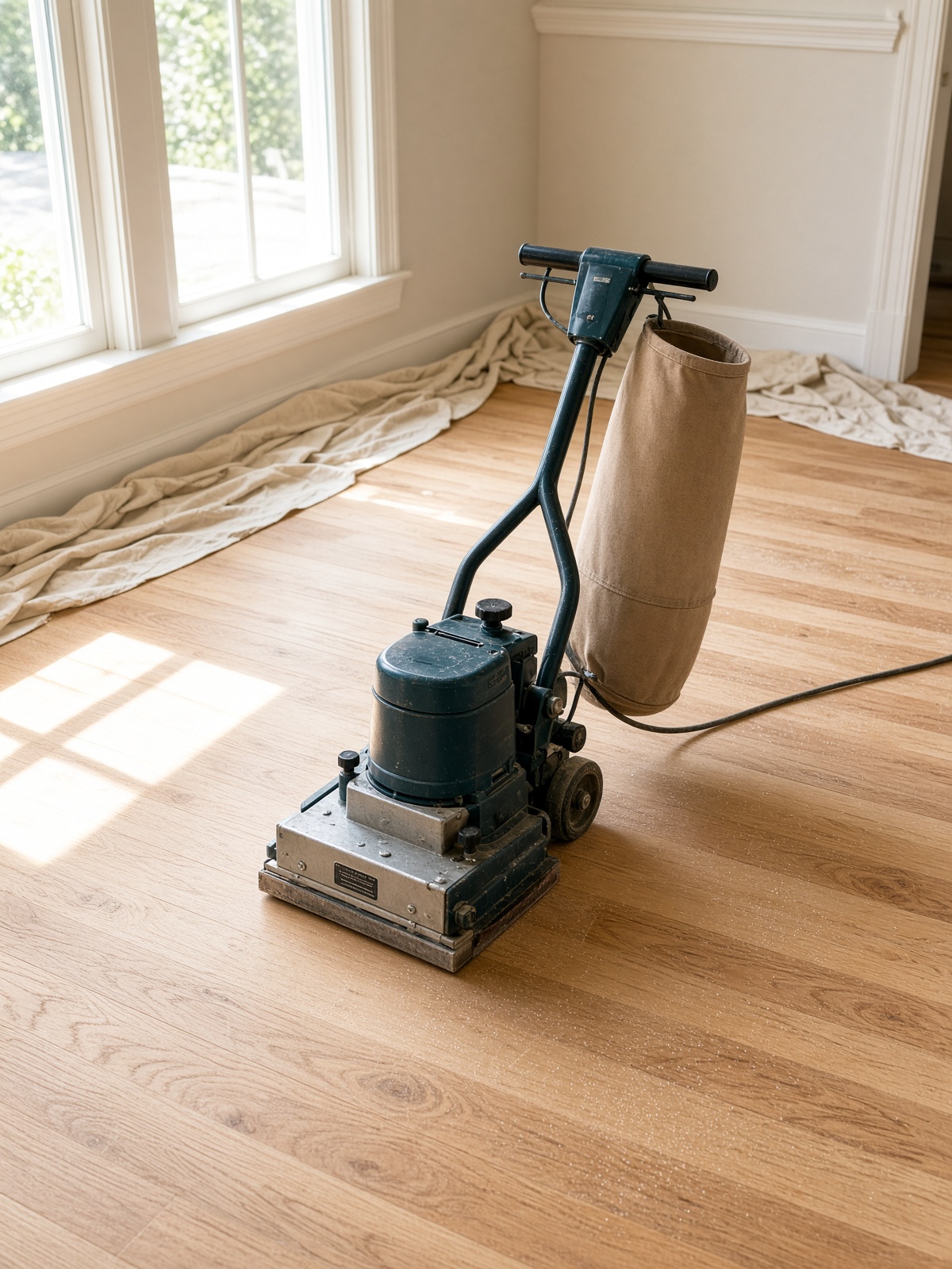 Hardwood floor sanding machine in use